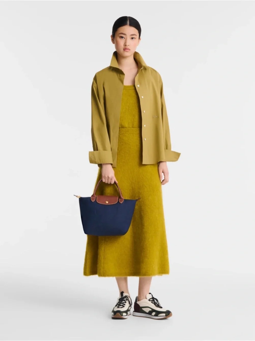 Longchamp Navy Blue Tote with Brown Leather Trim